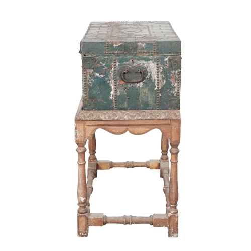 488 - A 19TH CENTURY CHEST ON STAND the green-painted and brass studwork chest has a hinged lid, opening t... 