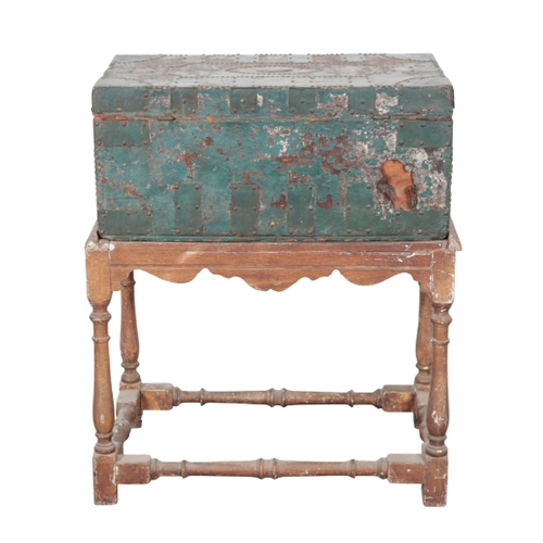 488 - A 19TH CENTURY CHEST ON STAND the green-painted and brass studwork chest has a hinged lid, opening t... 