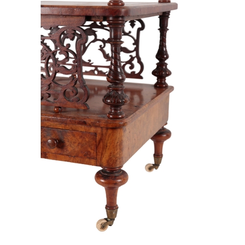 491 - A VICTORIAN BURR-WALNUT CANTERBURY 19th century, the moulded top over a pierced and carved frieze, c... 