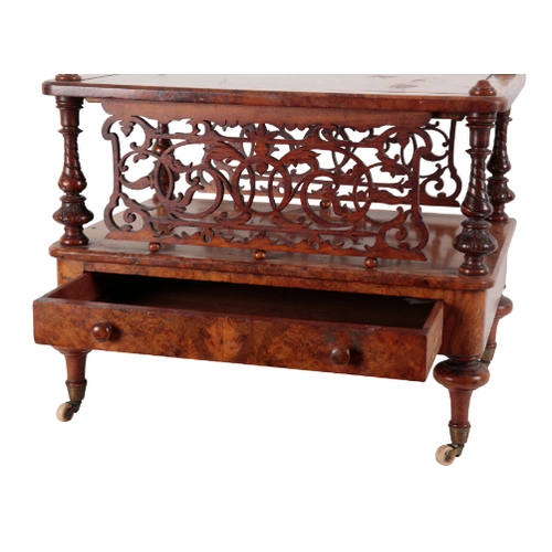 491 - A VICTORIAN BURR-WALNUT CANTERBURY 19th century, the moulded top over a pierced and carved frieze, c... 