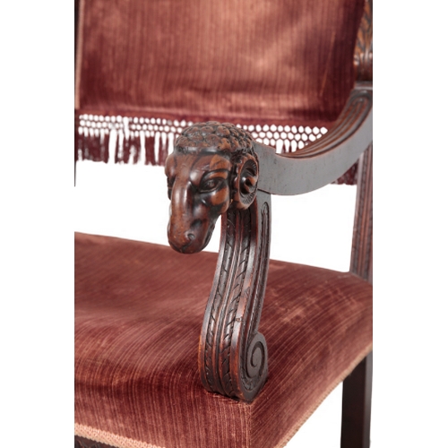 502 - A NEOCLASSICAL MAHOGANY ARMCHAIR the square back flanked by acanthus scrolled supports and carved wo... 