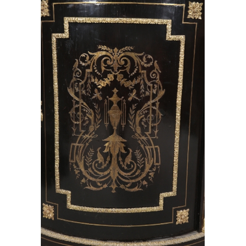 503 - A VICTORIAN EBONISED, BRASS INLAID AND MARBLE-TOPPED CORNER CUPBOARD 19th century, bow-fronted, with... 