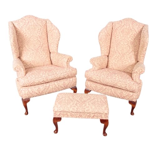 514 - A PAIR OF QUEEN ANNE STYLE WING ARMCHAIRS on short cabriole front legs, 120cm high x 88cm wide, with... 