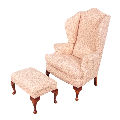 514 - A PAIR OF QUEEN ANNE STYLE WING ARMCHAIRS on short cabriole front legs, 120cm high x 88cm wide, with... 