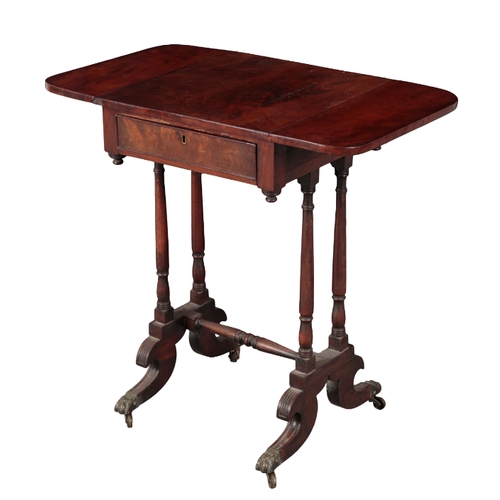 522 - A REGENCY MAHOGANY DROP LEAF WORK TABLE with twin drop flaps, fitted single drawer, on twin turned e... 