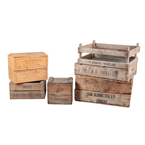 534 - A GROUP OF NINE VINTAGE CRATES including two Glenmorangie Single Malt crates, 21cm high, a Schweppes... 