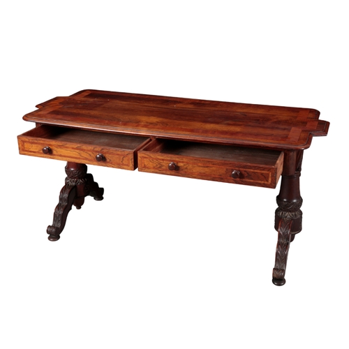 542 - A VICTORIAN ROSEWOOD LIBRARY TABLE 19th century, the satinwood banded top with breakfront ends, over... 