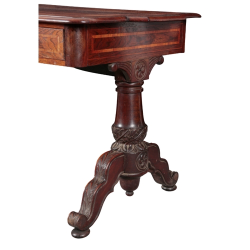 542 - A VICTORIAN ROSEWOOD LIBRARY TABLE 19th century, the satinwood banded top with breakfront ends, over... 