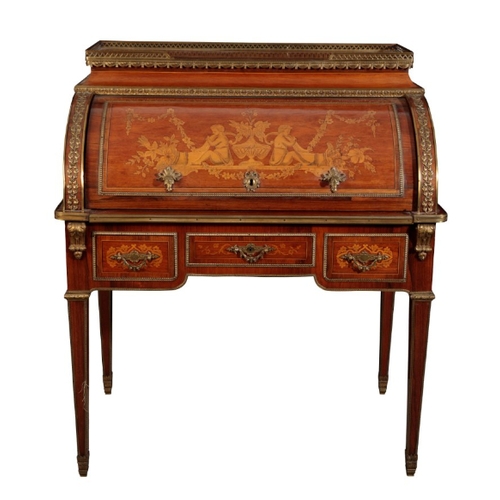 547 - A LOUIS XVI STYLE ROSEWOOD, ORMOLU AND FLORAL MARQUETRY CYLINDER BUREAU late 19th Century French, wi... 