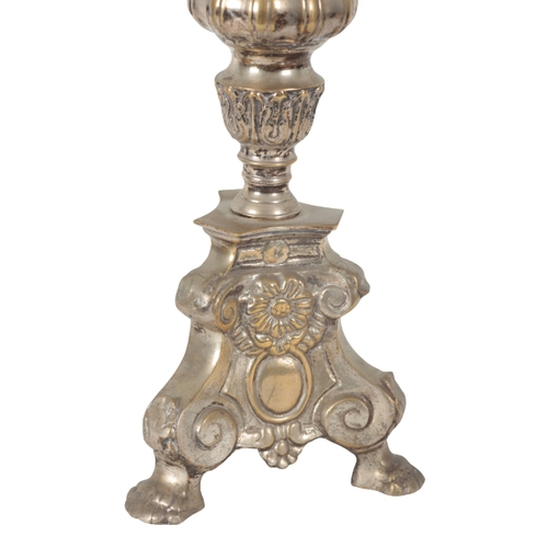 58 - A PAIR OF SILVER PLATED PRICKET CANDLESTICKS OF 17TH CENTURY STYLE 63cm high x 18cm wide