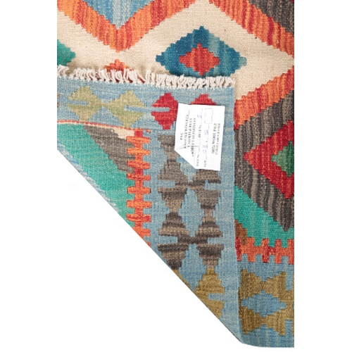 584 - A CONTEMPORARY ANATOLIAN STYLE KILIM RUG woven in colours with endless lozenge repeat, within blue g... 