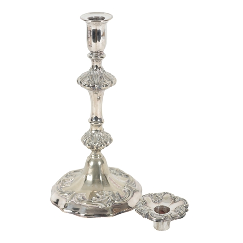 68 - A PAIR OF LATE 19TH CENTURY SILVER PLATED PILLAR CANDLESTICKS with leaf mouldings, double knopped st... 