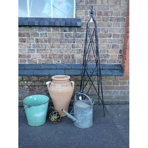 13 - A GALVANISED WATERING CAN, A GARDEN OBELISK an enamelled bucket, and a terracotta pot
