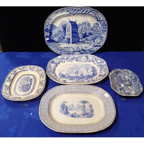 32 - A VICTORIAN BLUE AND WHITE RURAL SCENERY MEATDISH 43 cms wide, with four other meat and serving dish... 