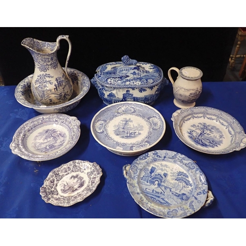 33 - A BLUE AND WHITE SPODE COVERED SERVING DISH with three blue and white footed dishes, a washstand jug... 