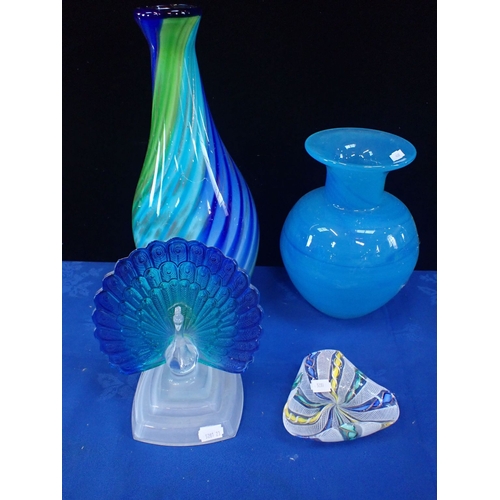 55 - A LARGE ART GLASS VASE 39cm high (base cut for a lamp), a blue glass vase, a Cristal d'Arques peacoc... 
