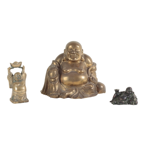 6 - A SMALL GROUP OF ORIENTAL METALWARE including a large bronze buddha, 20cm high, two patinated metal ... 