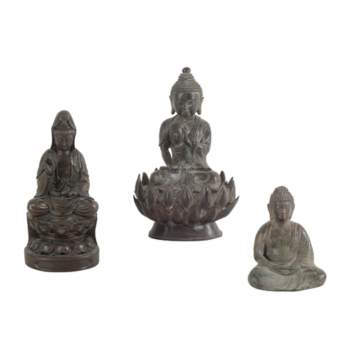 7 - THREE BRONZE BUDDHIST DEITIES the largest, a Bodhisattva Maitreya, measures 21cm high, the smallest ... 
