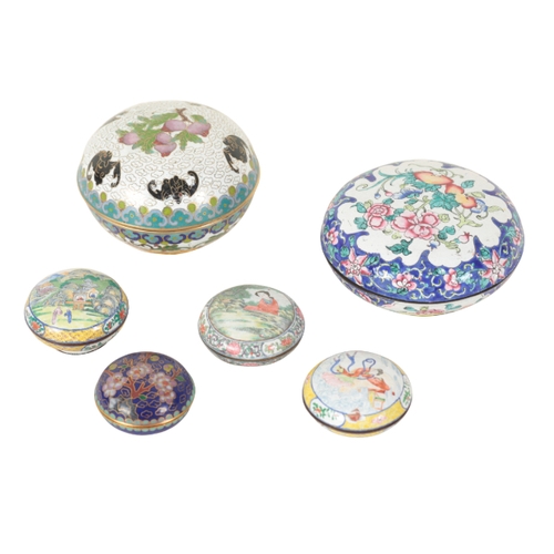 8 - A GROUP OF SIX CHINESE ENAMEL BOXES the tallest example, decorated with peaches and bats, measures 6... 