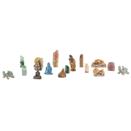 27 - A COLLECTION OF SMALL CHINESE SOAPSTONE CARVINGS thirteen, a number of which are seals, the tallest ... 