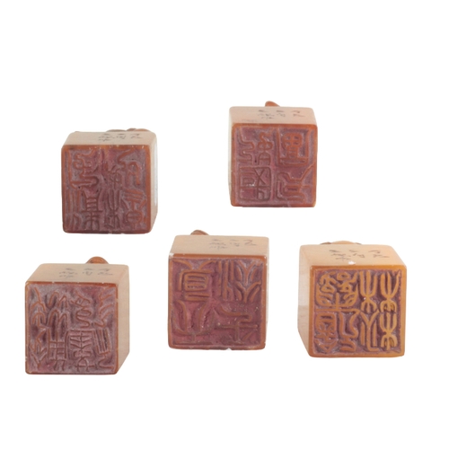 38 - A COLLECTION OF TWENTY CHINESE SOAPSTONE SEALS all of block form with figural finials, the tallest 1... 