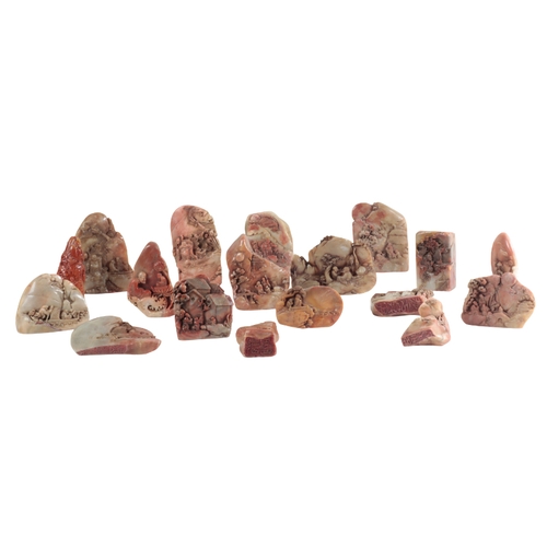43 - A GROUP OF EIGHTEEN CHINESE SOAPSTONE CARVINGS seventeen of which are seals, the tallest is 15.5cm h... 
