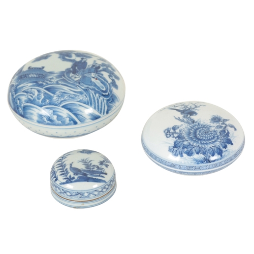 47 - A GROUP OF SIX CHINESE BLUE AND WHITE PORCELAIN BOXES the largest decorated with figures and pagodas... 