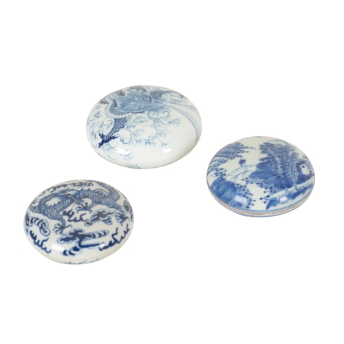 50 - A GROUP OF SIX CHINESE BLUE AND WHITE PORCELAIN BOXES the largest example painted with a three-toed ... 