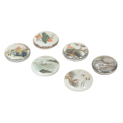 51 - A GROUP OF SIX CHINESE PORCELAIN SEAL PASTE BOXES including one example decorated with a ship in a h... 
