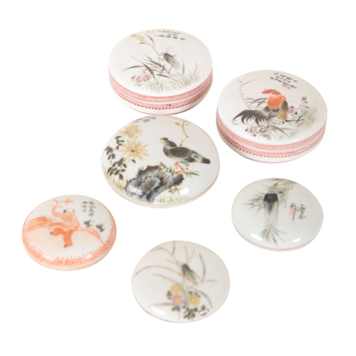 52 - A GROUP OF SIX PORCELAIN SEAL PASTE BOXES including an example decorated with a cicada amongst bambo... 