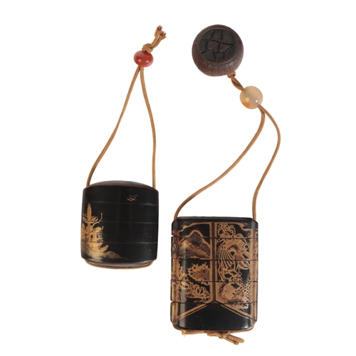 58 - A JAPANESE BLACK LACQUER THREE CASE INRO decorated in gilt hiramakie with a landscape, 6cm, with gla... 