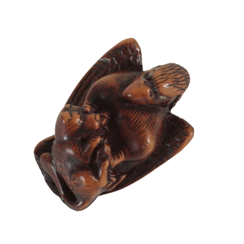 67 - A JAPANESE CARVED WOOD NETSUKE SIGNED HIDEHISA Edo Period, early 19th century, in the form of an eag... 