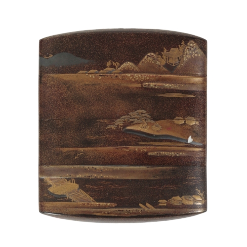 81 - TWO JAPANESE INRO including a Japanese brown-ground four-case inro, 19th century, decorated with oxe... 