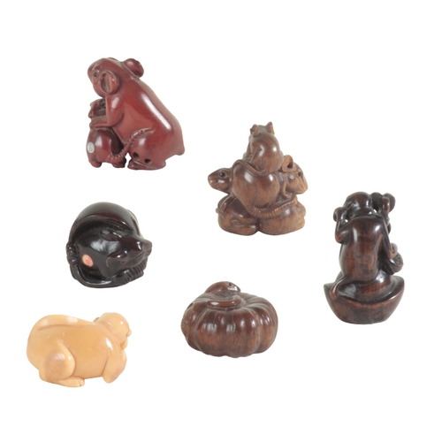 98 - A GROUP OF SIX NETSUKE including an example figured as a monkey seated, signed to the base, 5.5cm hi... 