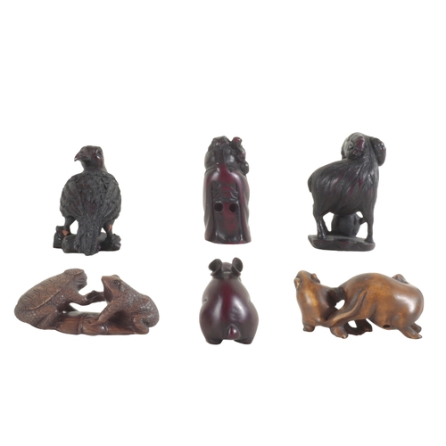 103 - A COLLECTION OF SIX JAPANESE NETSUKE including an example modelled as a cat and mouse Meiji period, ... 