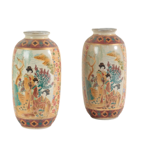 116 - A GROUP OF SIX JAPANESE VASES of Satsuma design, the tallest pair depicting women in a garden, 20cm ... 