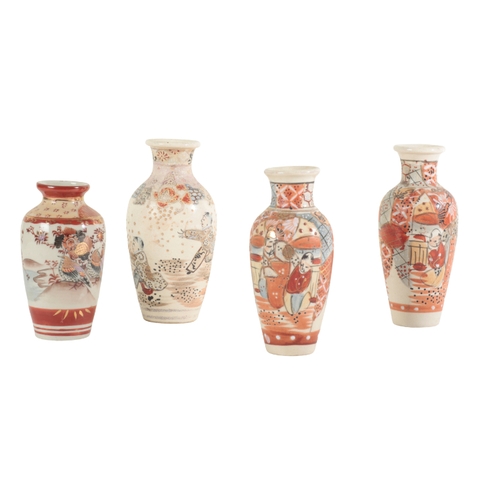 116 - A GROUP OF SIX JAPANESE VASES of Satsuma design, the tallest pair depicting women in a garden, 20cm ... 