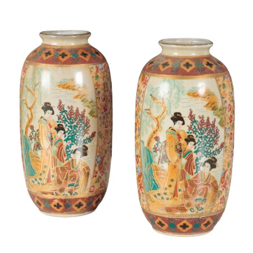 116 - A GROUP OF SIX JAPANESE VASES of Satsuma design, the tallest pair depicting women in a garden, 20cm ... 