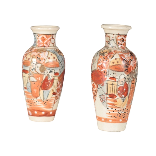 116 - A GROUP OF SIX JAPANESE VASES of Satsuma design, the tallest pair depicting women in a garden, 20cm ... 