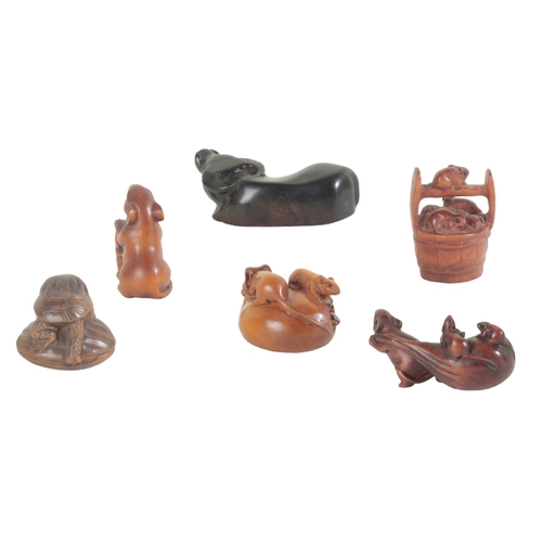 117 - A COLLECTION OF SIX JAPANESE NETSUKE including a hardstone water buffalo, 7.5cm long, a late 19th ce... 