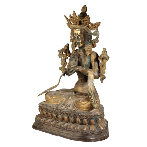 123 - A LARGE SINO-TIBETAN BRONZE OF MAITREYA Qing or later, seated on a double lotus base, 47cm high