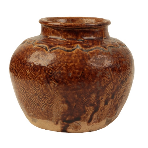 152 - A CHINESE BROWN-GLAZED JAR with moulded diaper decoration, the glaze running towards the foot, the b... 