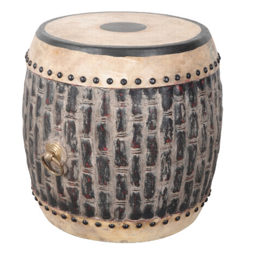 154 - A PAIR OF LATE 19TH CENTURY CHINESE DRUMS with brass carrying handles, bamboo effect and leather dec... 