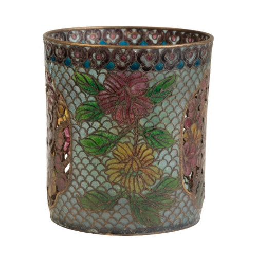 157 - A JAPANESE PLIQUE Ã JOUR CUP Meiji, the cylindrical body with pierced floral panels, 7.75cm high