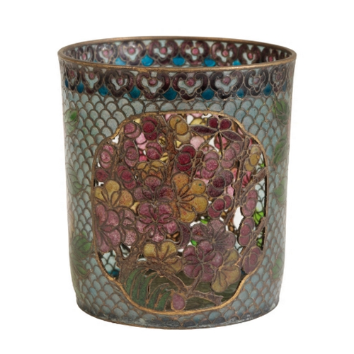 157 - A JAPANESE PLIQUE Ã JOUR CUP Meiji, the cylindrical body with pierced floral panels, 7.75cm high