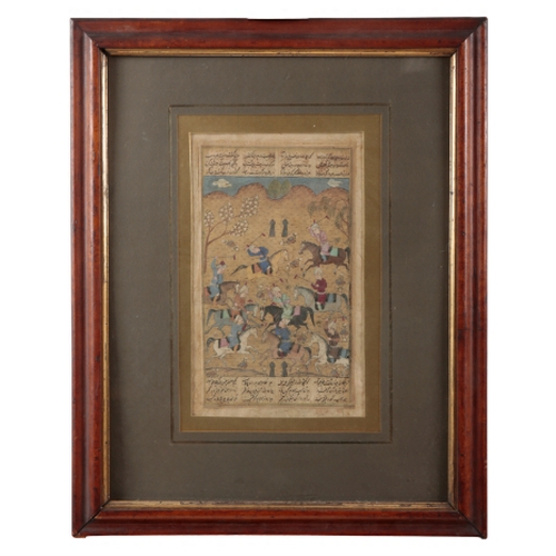 164 - AN INDO-PERSIAN MINIATURE PAINTING depicting a polo match between bands of calligraphy, 33cm x 20cm