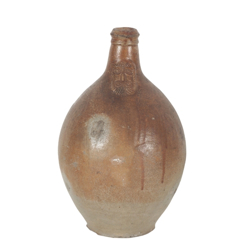 171 - A 17TH CENTURY BROWN STONEWARE BELLARMINE FLAGON with face mask and plain body, 35cm high