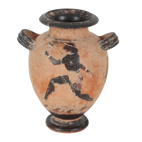 182 - AN ATTIC STYLE BLACK FIGURE VASE of amphora form, the body decorated with figures and warriors, with... 