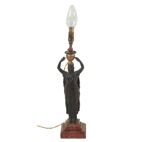 189 - A PAIR OF 19TH CENTURY DARK BROWN PATINATED BRONZE ELECTRIC TABLE LAMPS modelled as standing Classic... 