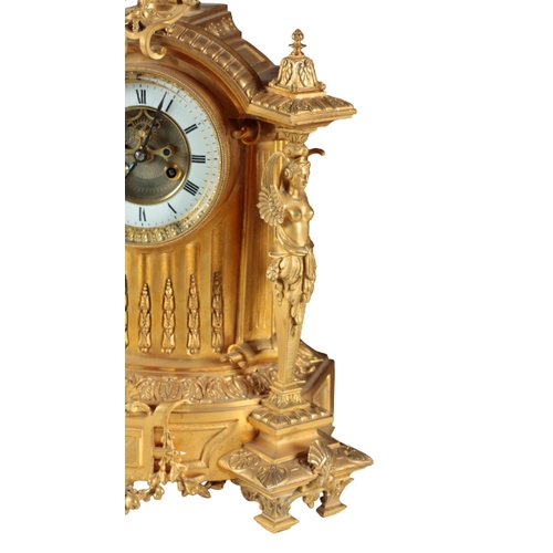 194 - A 19TH CENTURY FRENCH GILT BRONZE MANTLE CLOCK the sunken dial with visual escapement, two train mov... 